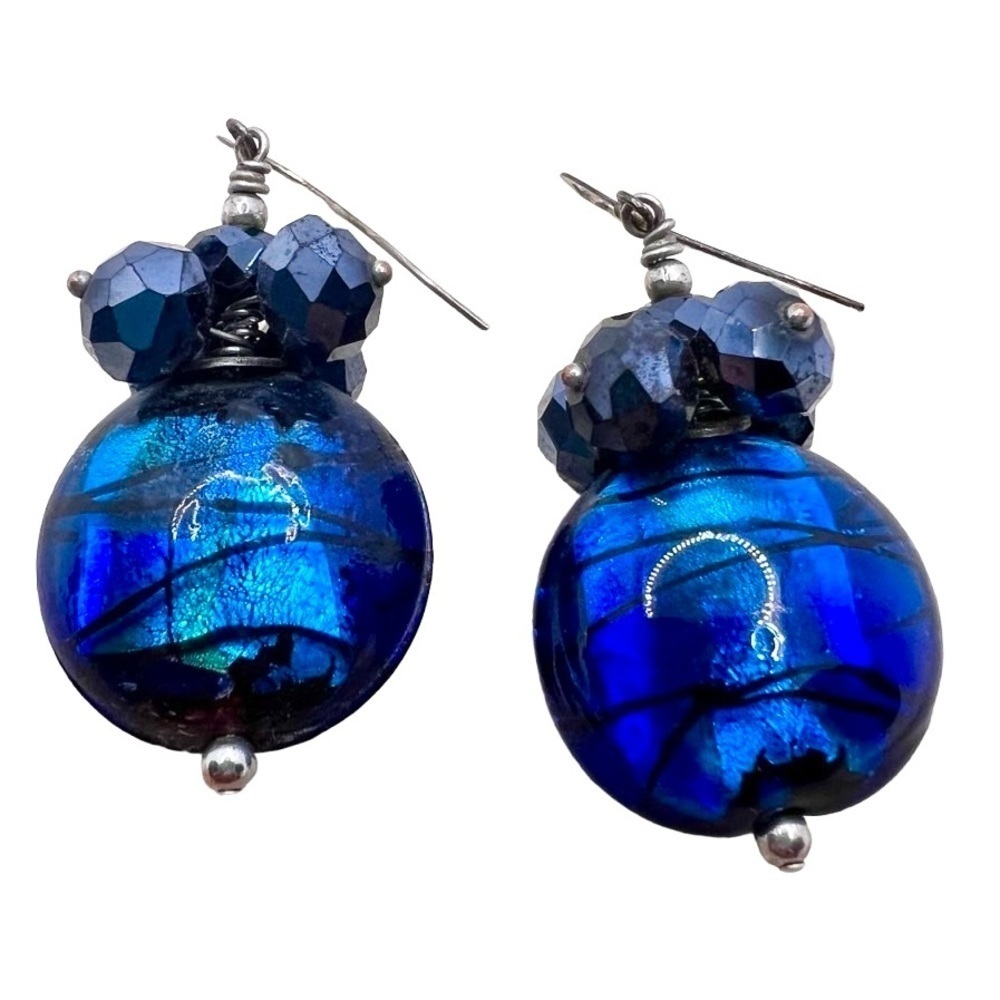 Blue glass beaded artisan handmade dangle drop earrings